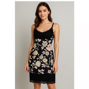 Floral Lace Trim Slip Dress - Black with Cream & Pale Yellow Roses